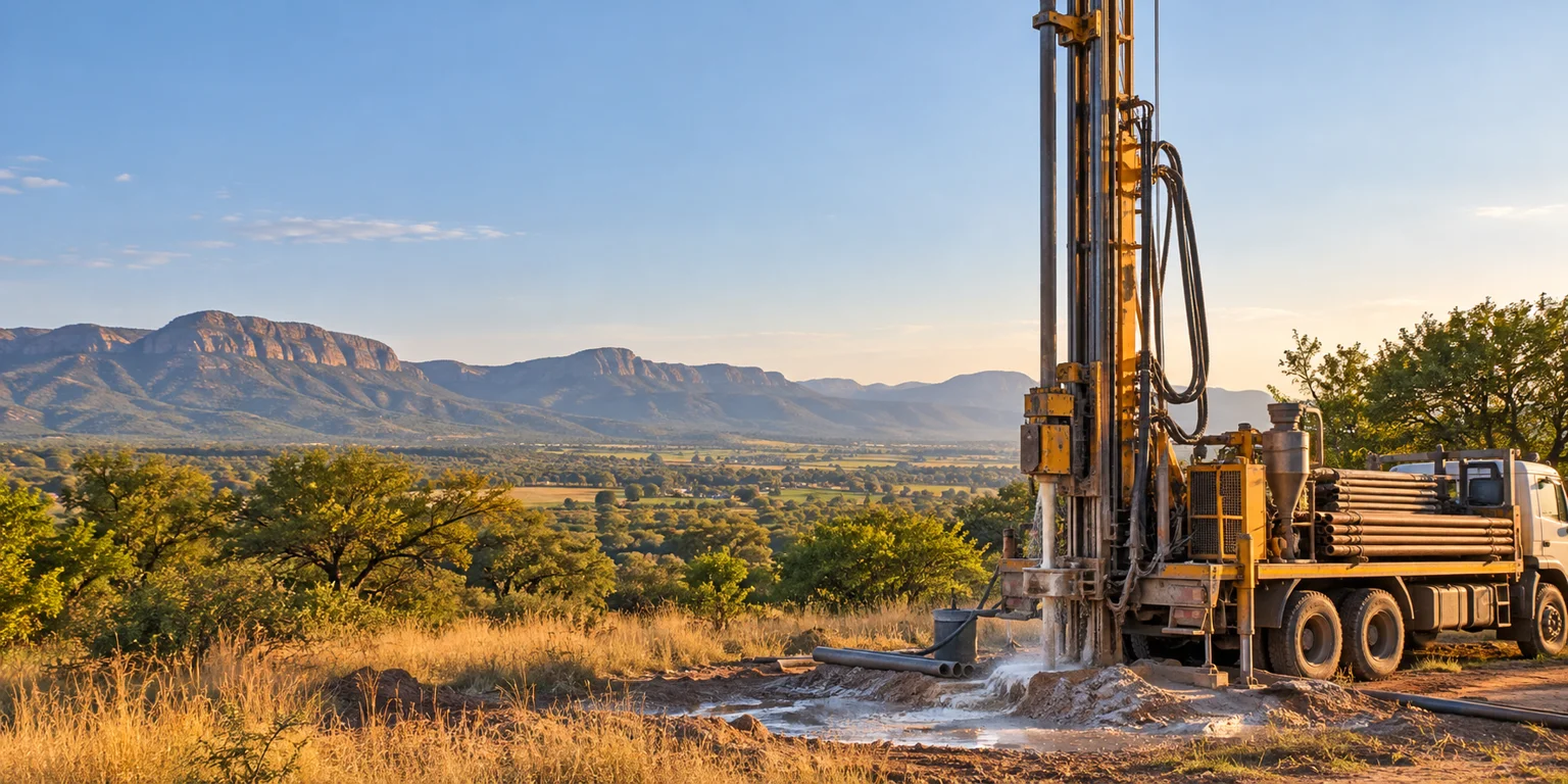 Illustrative borehole drilling rig in a rural landscape